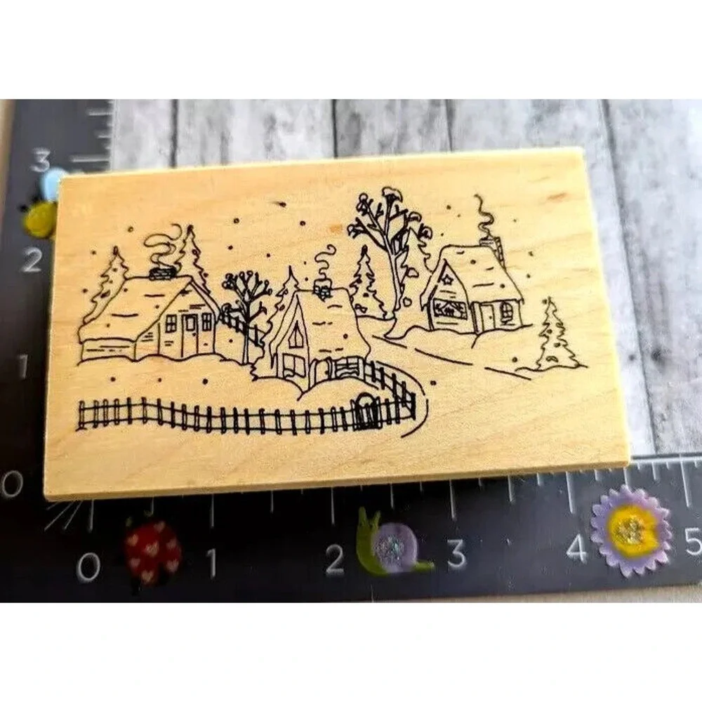 Great Impressions Snowy Winter Village G350 Rubber Stamp Wood #C81